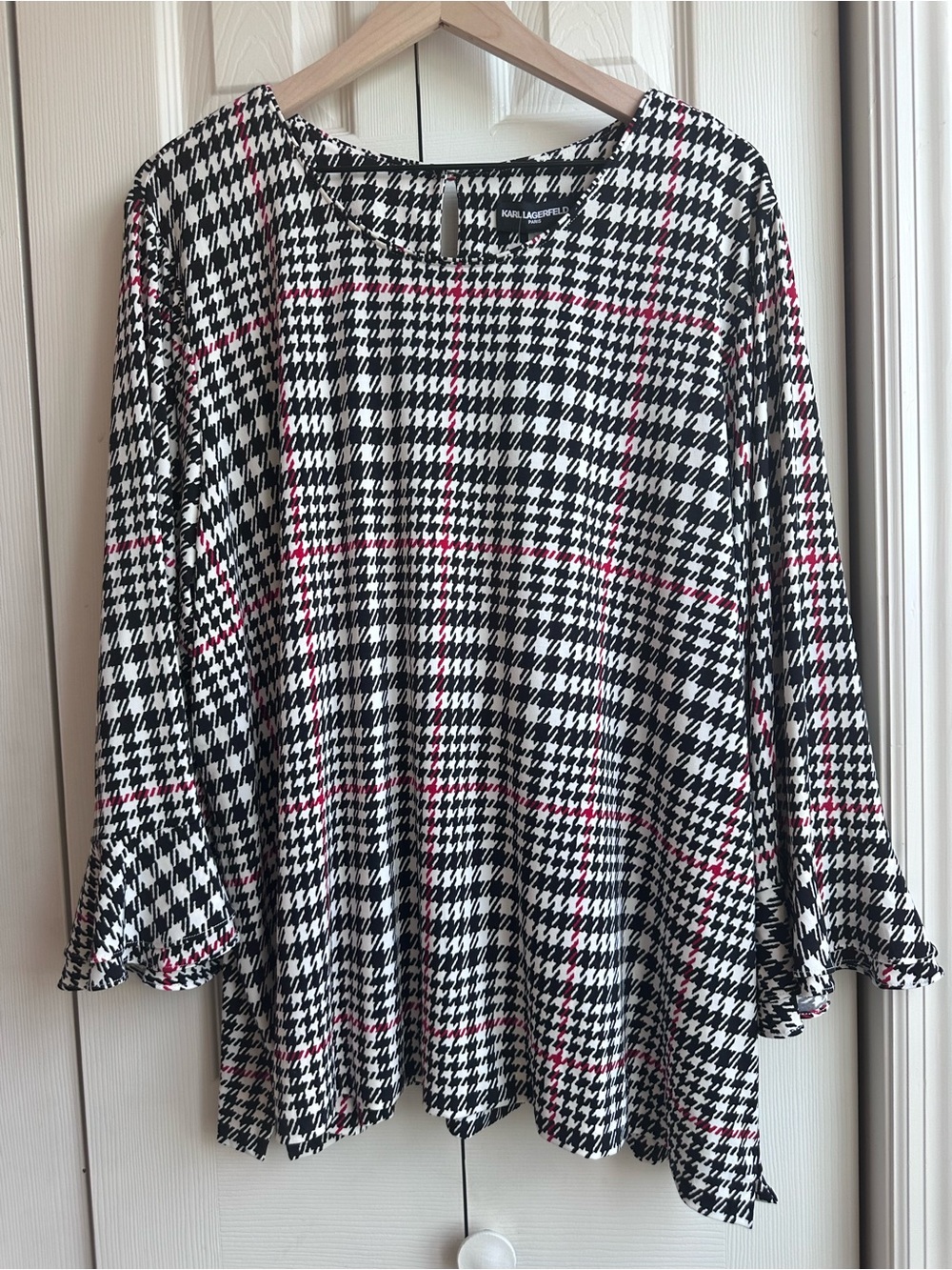 Karl Lagerfeld Black & White Houndstooth Top with Red Accents